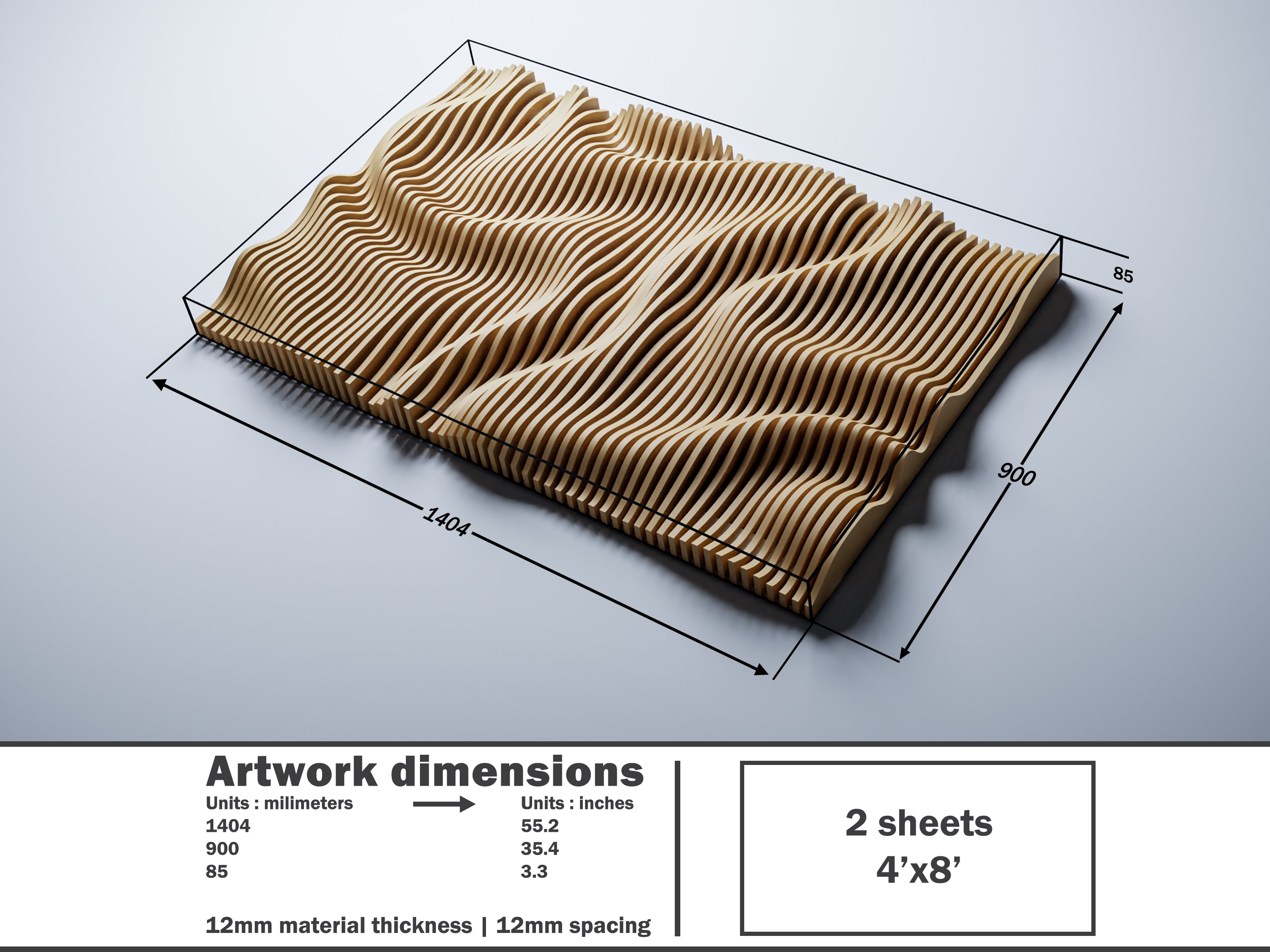 PP3 parametric wall panel dimensions — 1404×900×85mm, 12mm material thickness, 12mm spacing, 2 sheets 4×8 feet