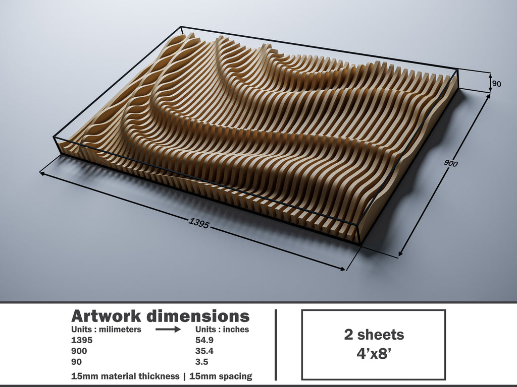 PP6 parametric panel dimensions — 1395×900×90mm, 15mm material thickness and spacing, 2 sheets 4×8' 