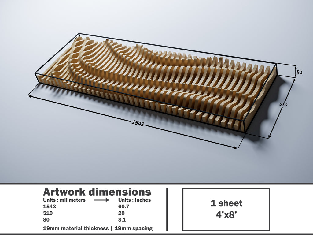 PP6 parametric panel dimensions 1543×510×80mm, 19mm material thickness and spacing, 1 sheet 4×8'