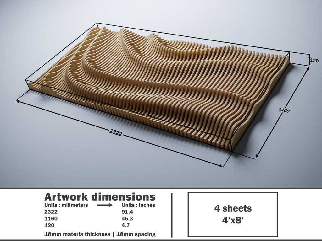 PP6 parametric panel dimensions 2322×1160×120mm, 18mm material thickness and spacing, 4 sheets 4×8