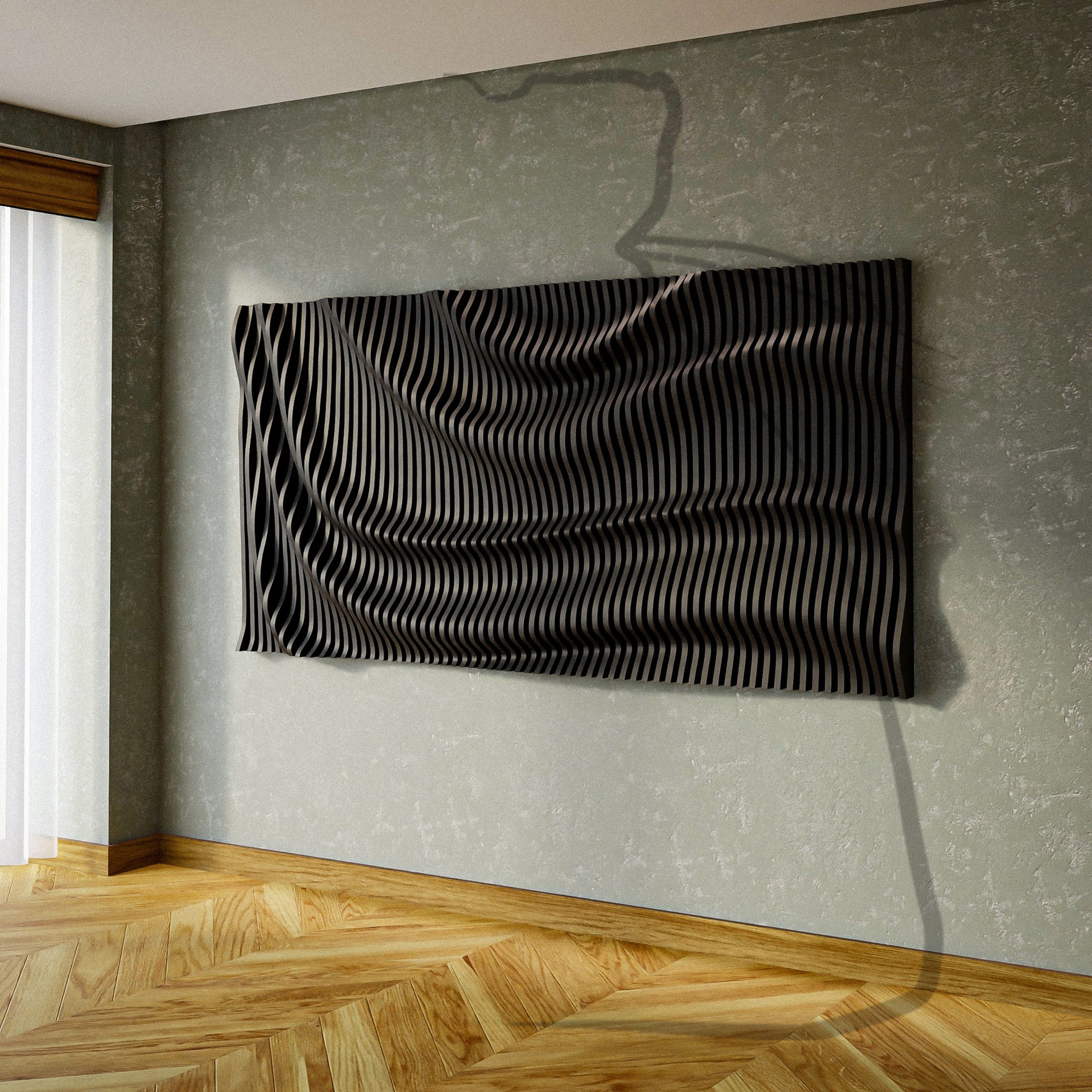 PP6 parametric wave wall panel solid black painted finish render, diagonal sweep with deep shadow contrast