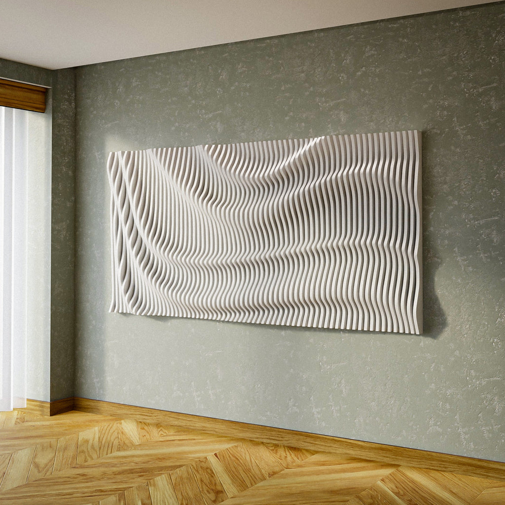 PP6 parametric wave wall panel, white finish render, diagonal wave sweep corner to corner, living room with herringbone floor