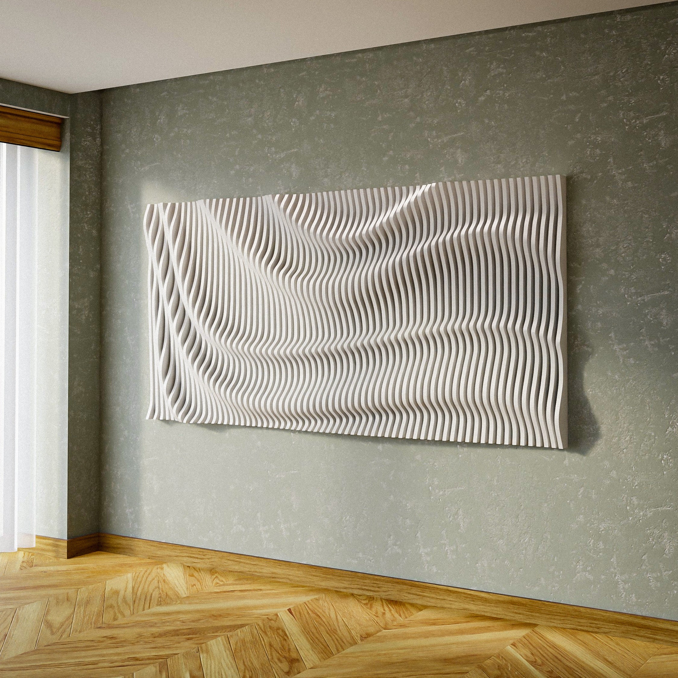 PP6 parametric wave wall panel, white finish render, diagonal wave sweep corner to corner, living room with herringbone floor