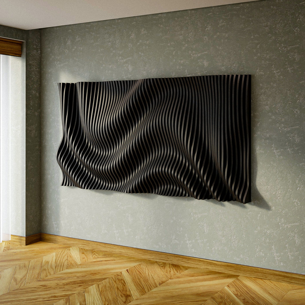PP9 parametric wall art CNC panel in dark stained finish — large wavy slat design on grey wall, herringbone floor