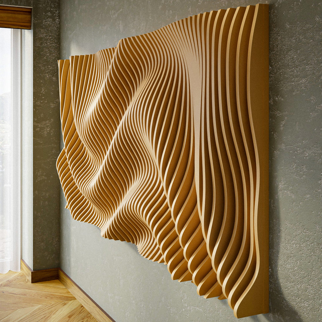 PP9 parametric CNC wall panel close-up — wide curved slats in multi-directional wave, natural wood finish, angled view