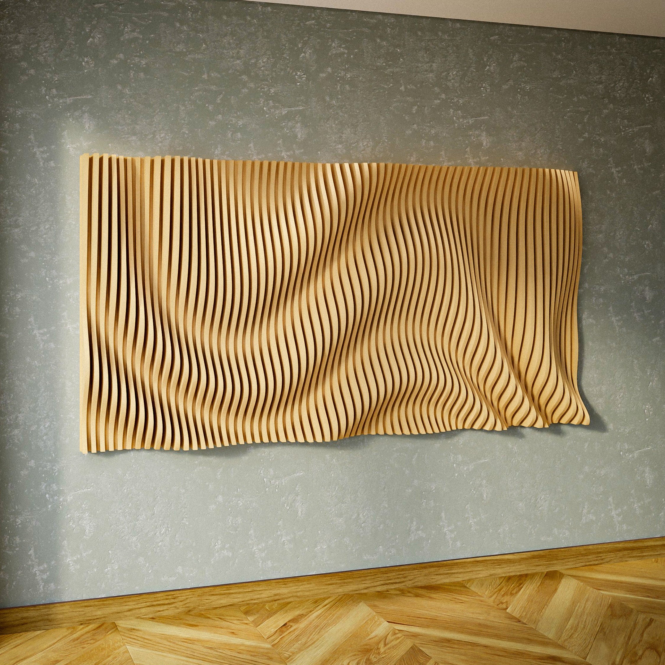 PP9 wavy parametric wall panel — natural wood finish, front view showing full scale on grey textured wall