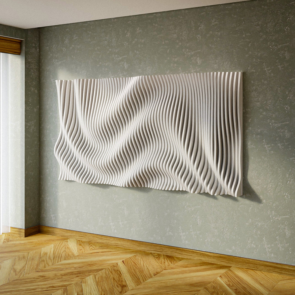 PP9 parametric wall art in white painted finish — wave profile with deep shadow contrast, large-scale CNC panel