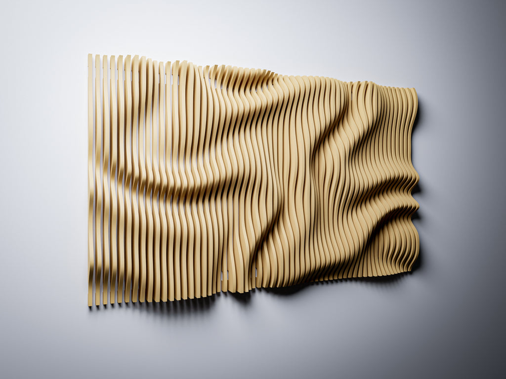 PP3 wavy parametric CNC vertical slats with abstract wave pattern, deep shadow contrast between slats