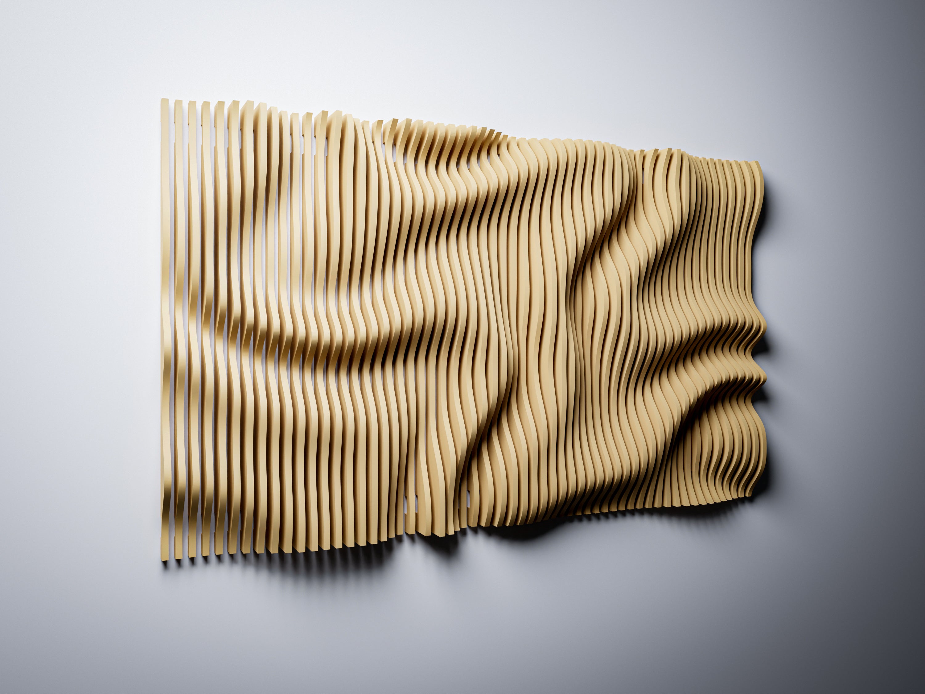 PP3 wavy parametric CNC vertical slats with abstract wave pattern, deep shadow contrast between slats