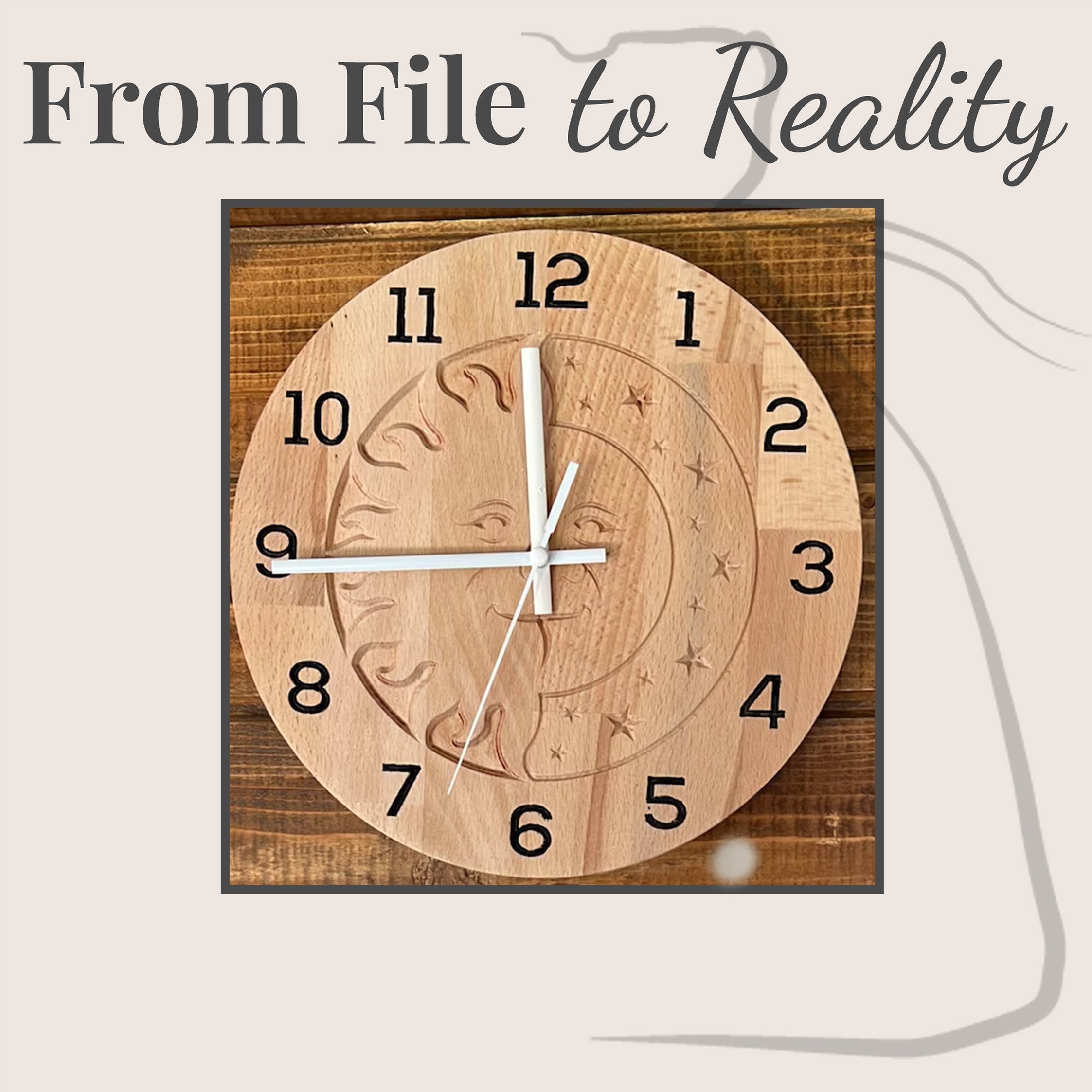 C2 sun and moon clock built by BFW customer, natural beech wood, CNC router build with white hands installed