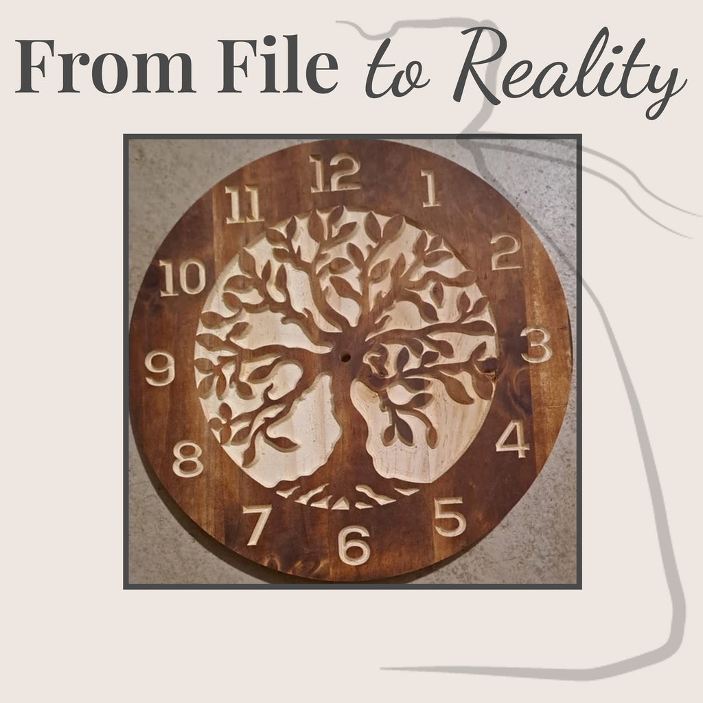 C3 tree of life clock built by BFW customer, dark stained hardwood with carved natural wood interior, CNC router build