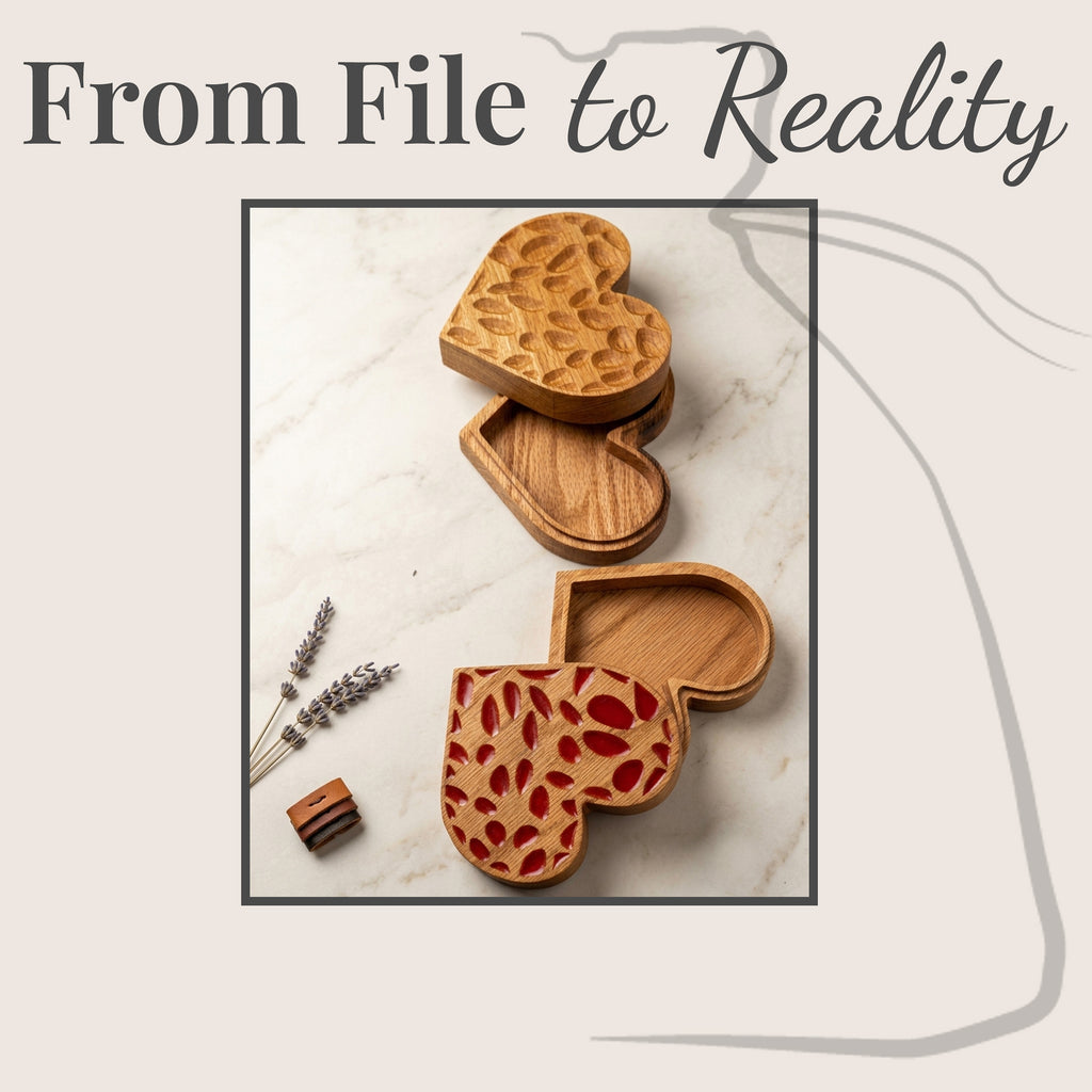CNC box file, heart jewelry box, epoxy art cutout lid, STL and vector files • JB5