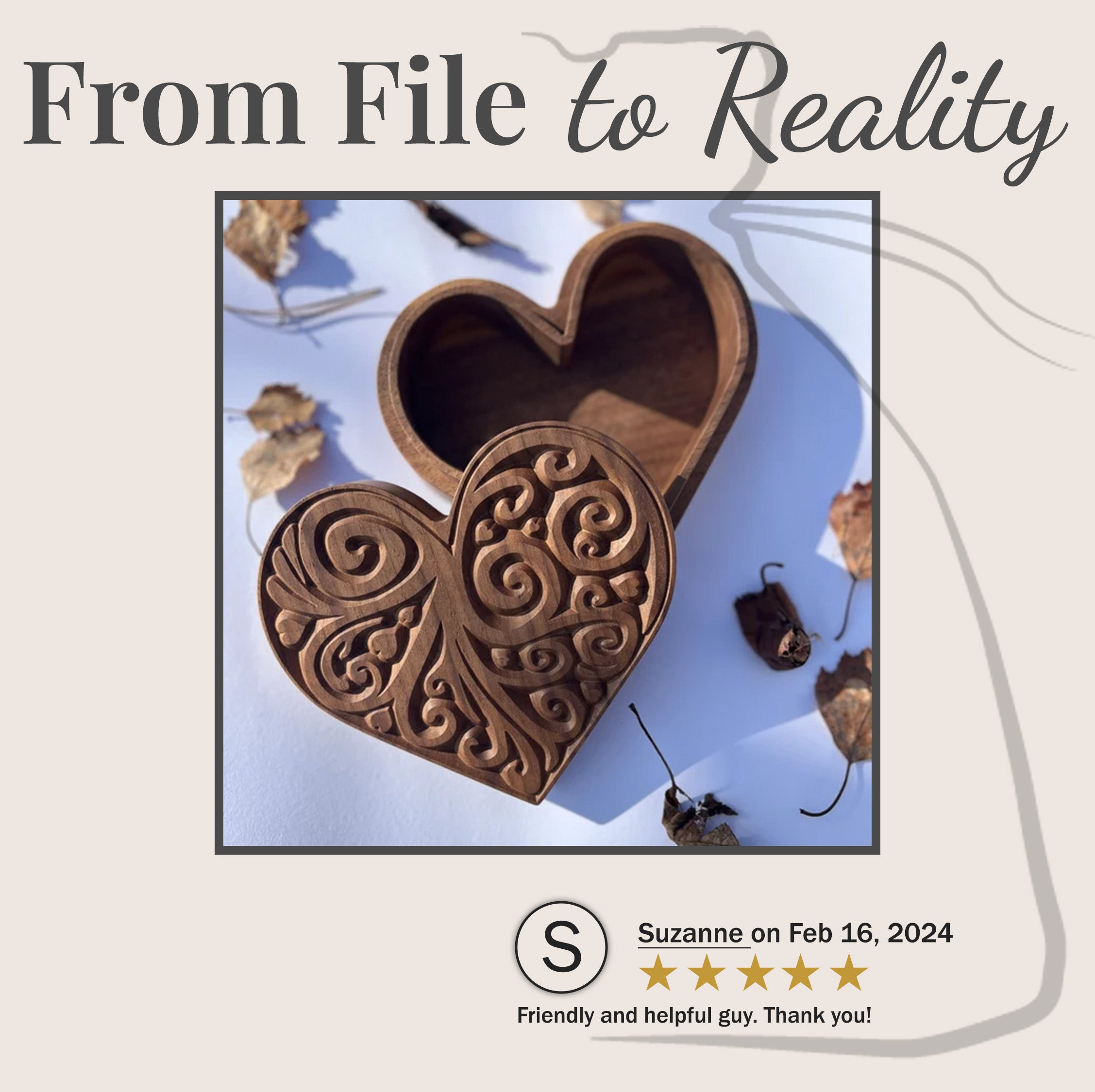 B3 heart jewelry box built by BFW customer, walnut finish, open box showing V-carved lid and base interior
