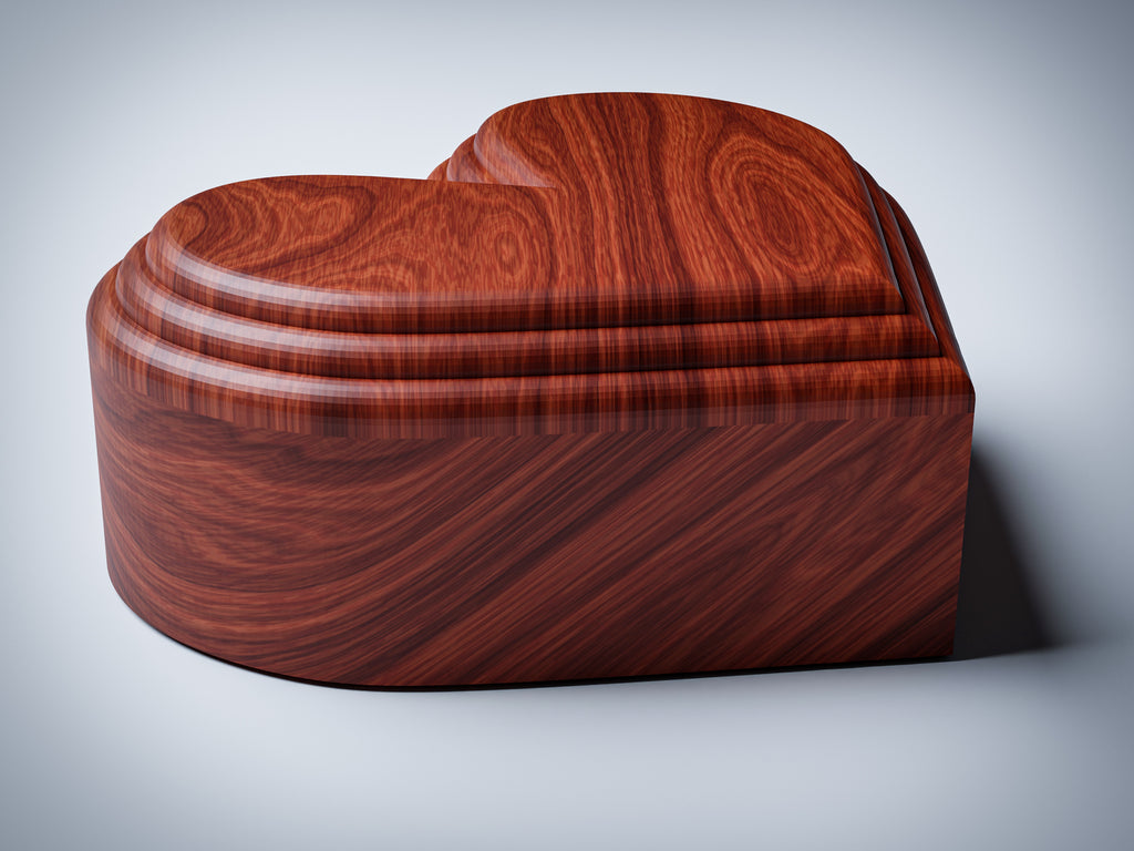 JB1 heart jewelry box CNC files, wood finish render, front-angle view showing heart form and lid-base join line