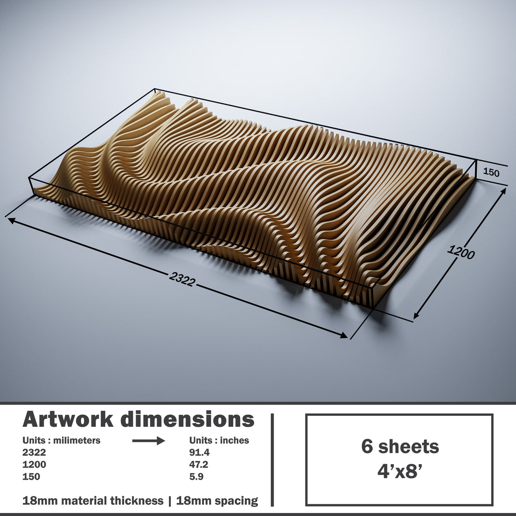 PP9 parametric wall panel dimensions — 2322×1200×150mm, 18mm material thickness and spacing, 6 sheets 4×8 feet