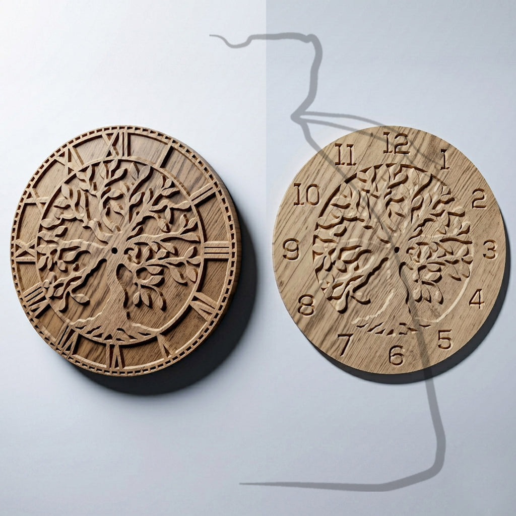 C1+C3 tree of life CNC clock bundle, Roman and Arabic numeral versions, side by side render