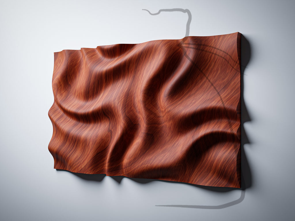 WP9 organic wave wall panel, angle render with 3D geometry reference, mahogany finish, showing wave depth