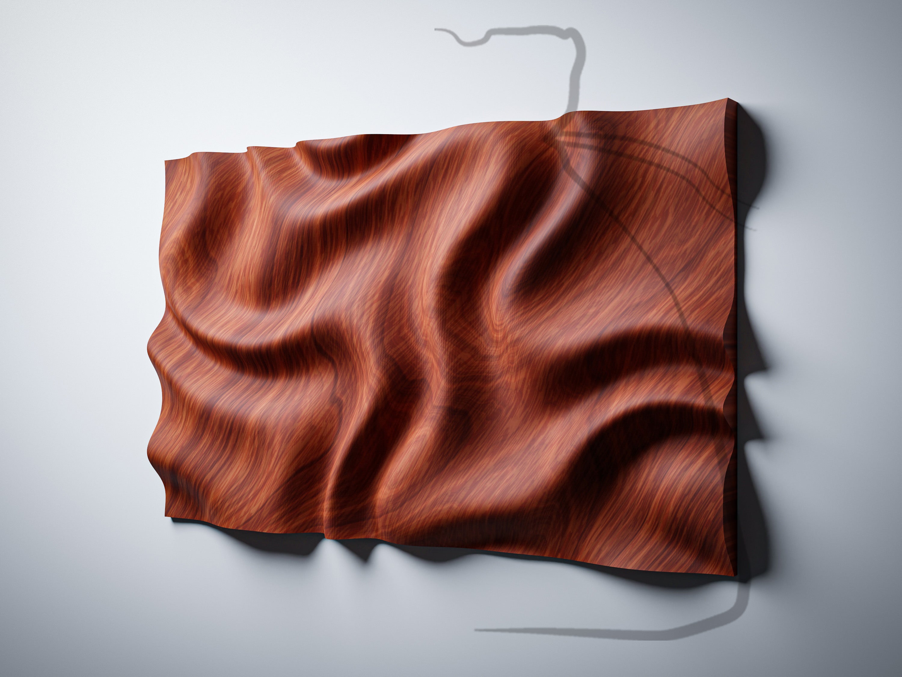 WP9 organic wave wall panel, angle render with 3D geometry reference, mahogany finish, showing wave depth