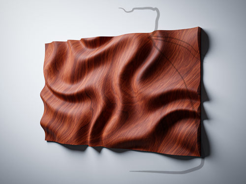 WP9 organic wave wall panel, angle render with 3D geometry reference, mahogany finish, showing wave depth