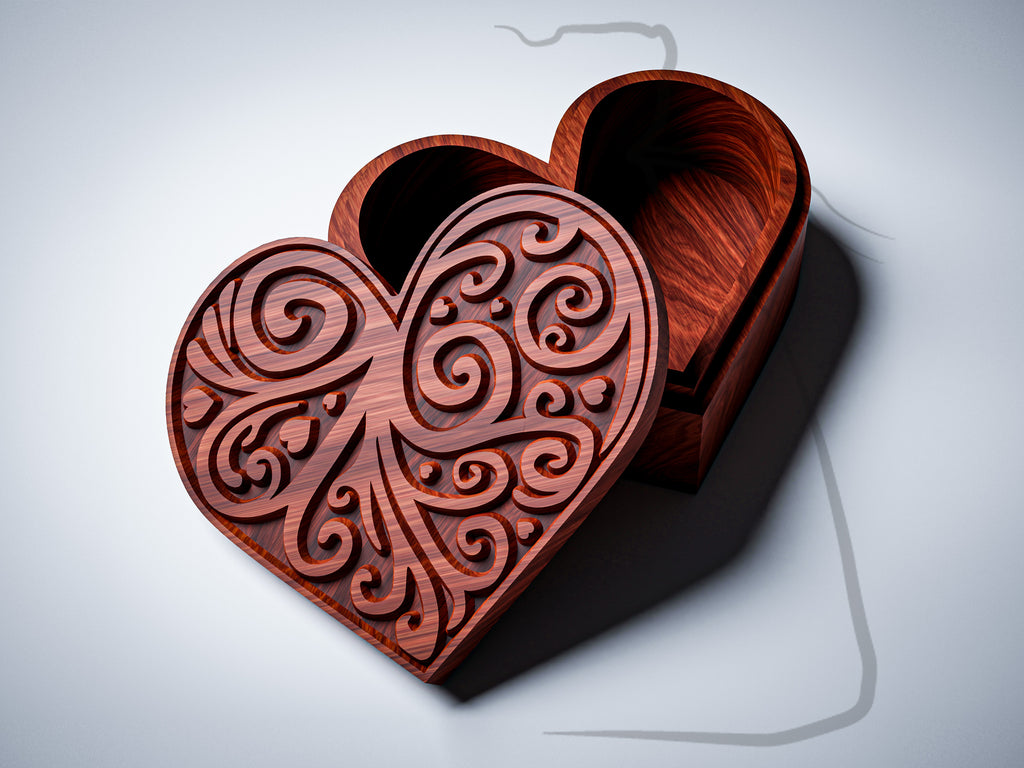 JB3 heart jewelry box CNC files, padouk wood finish render, open angle view, thumbnail with BFW Logo