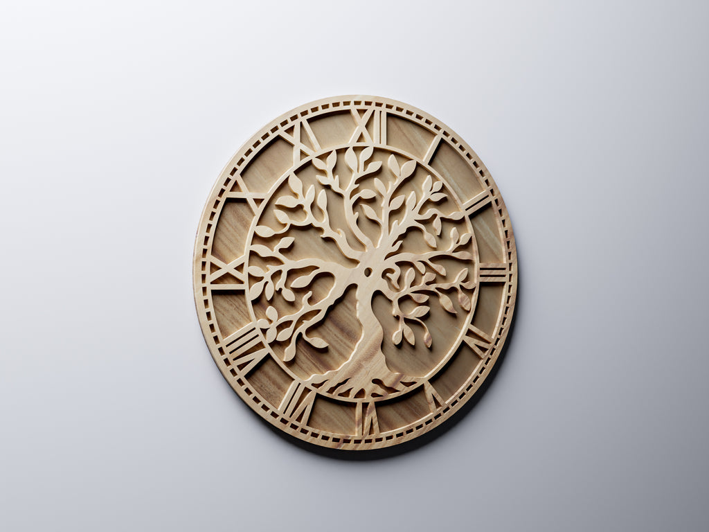 C1L tree of life clock DXF,  light wood render, front angle view