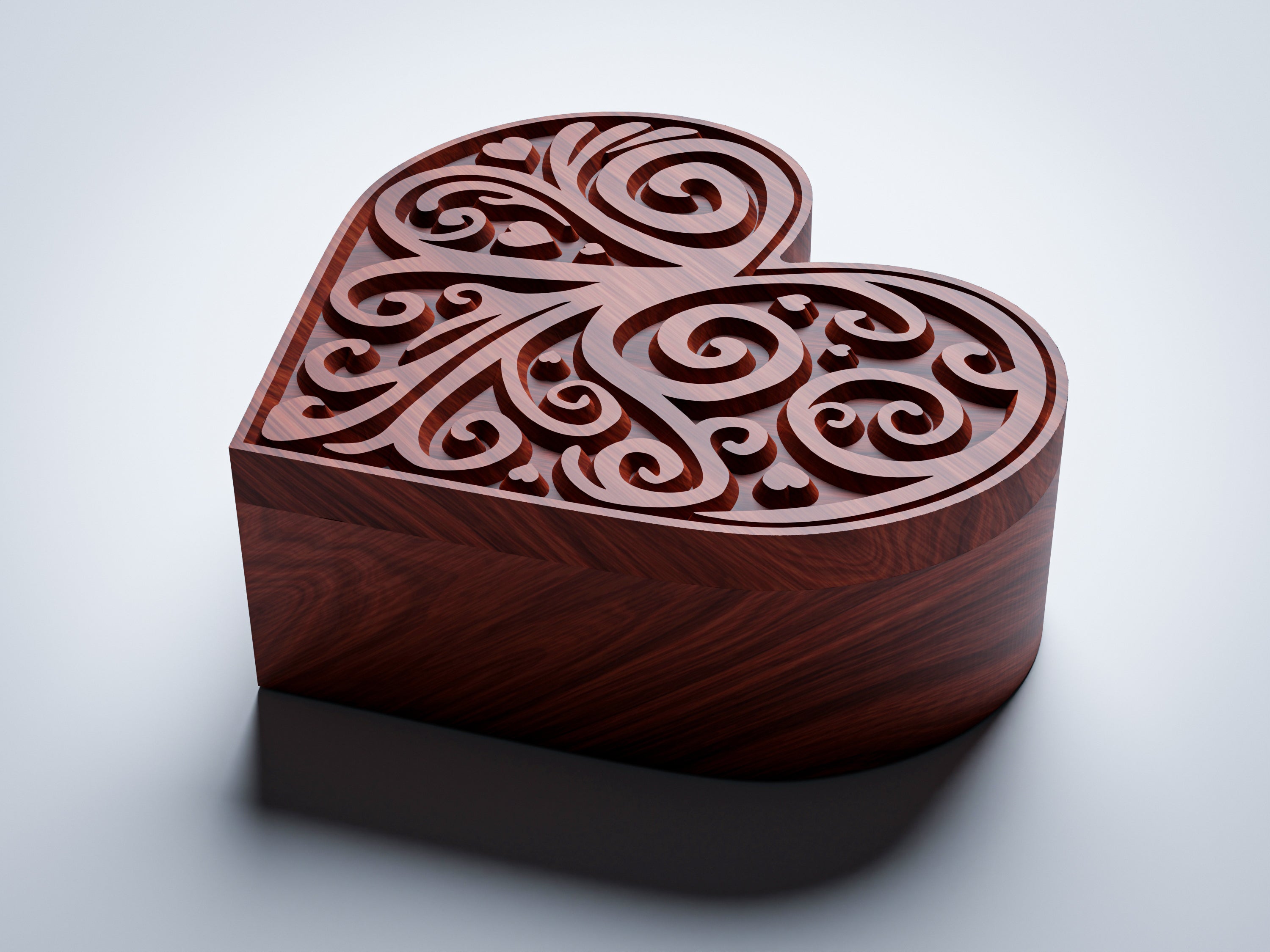 JB3 heart jewelry box CNC files, padouk finish render, closed box angle view showing V-carved lid depth
