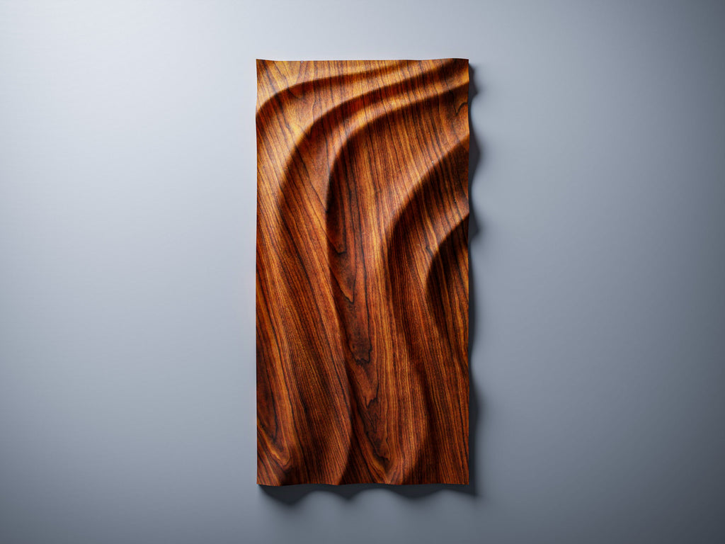 WP10 3D wave panel vertical orientation render, padouk finish, suitable for door and tall panel applications