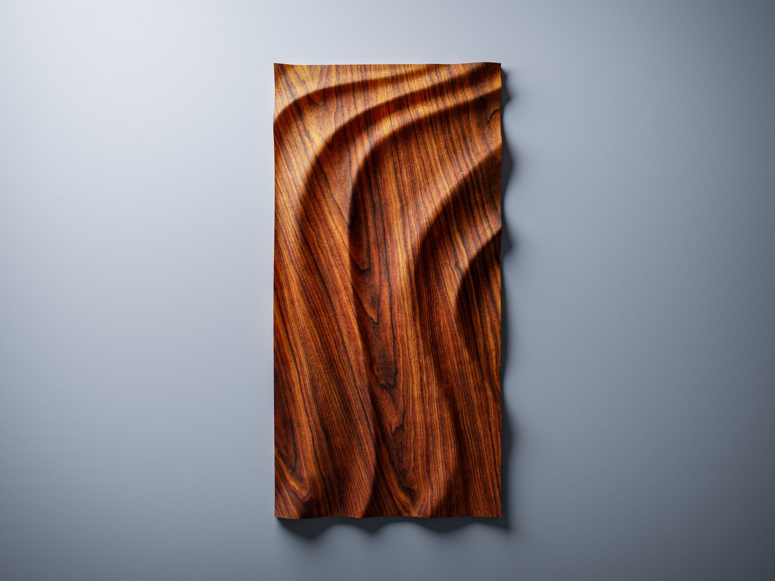 WP10 3D wave panel vertical orientation render, padouk finish, suitable for door and tall panel applications