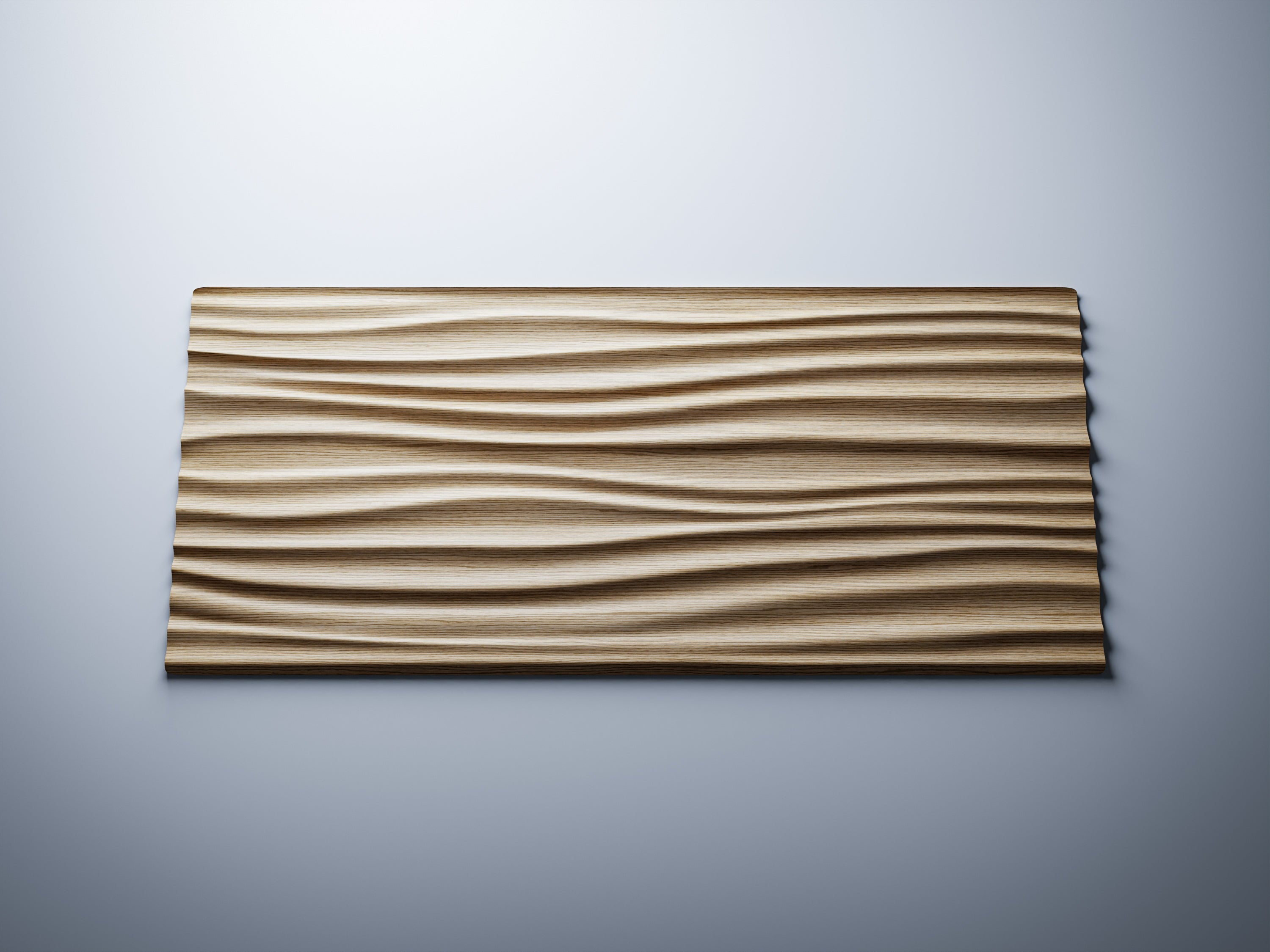 P11 flowing wave wall panel  oak render, front-angle view showing depth profile, 1797×788mm
