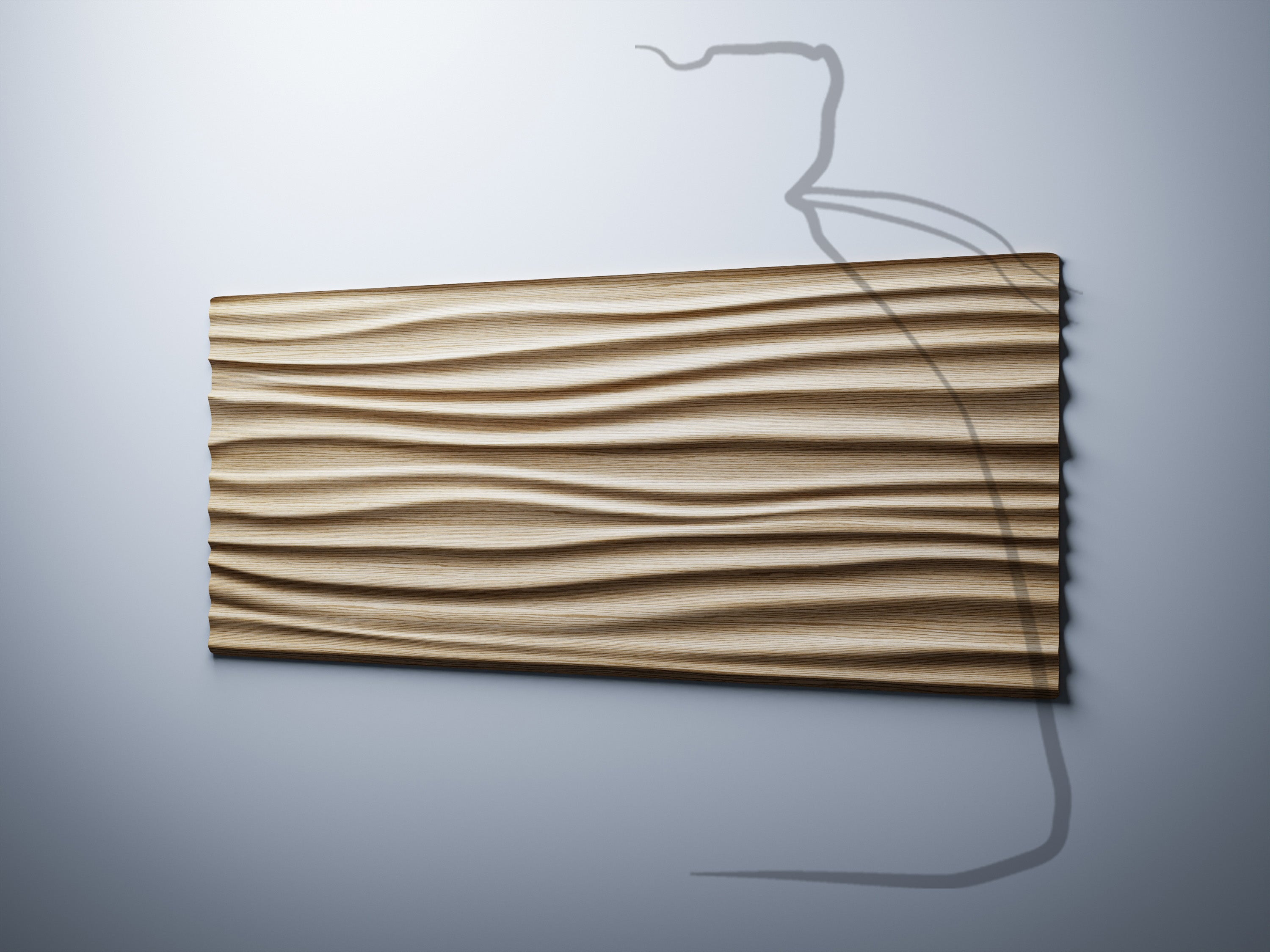 WP11 flowing wave wall panel  oak wood render, angle view,  dimensions 1797×788mm 