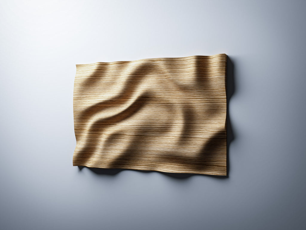 WP2 wave wall art STL - right-angle render showing relief depth, natural wood finish