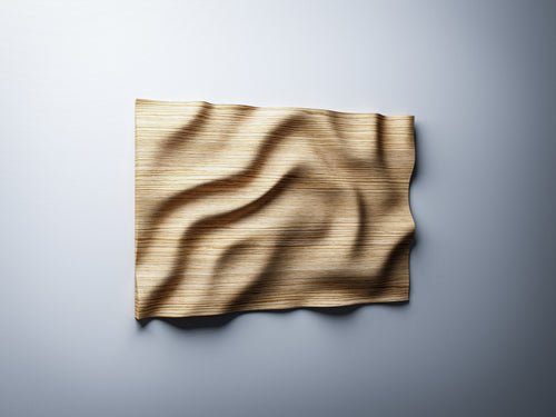 WP2 3D wave wall panel left-angle render, natural oak finish, wave flow across full surface