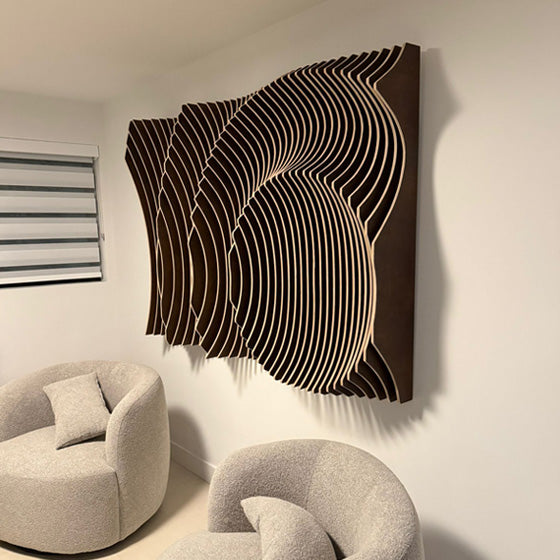 Parametric water ripple wall panel, custom CNC design and physical production by BFW, installed in a showcase office, USA