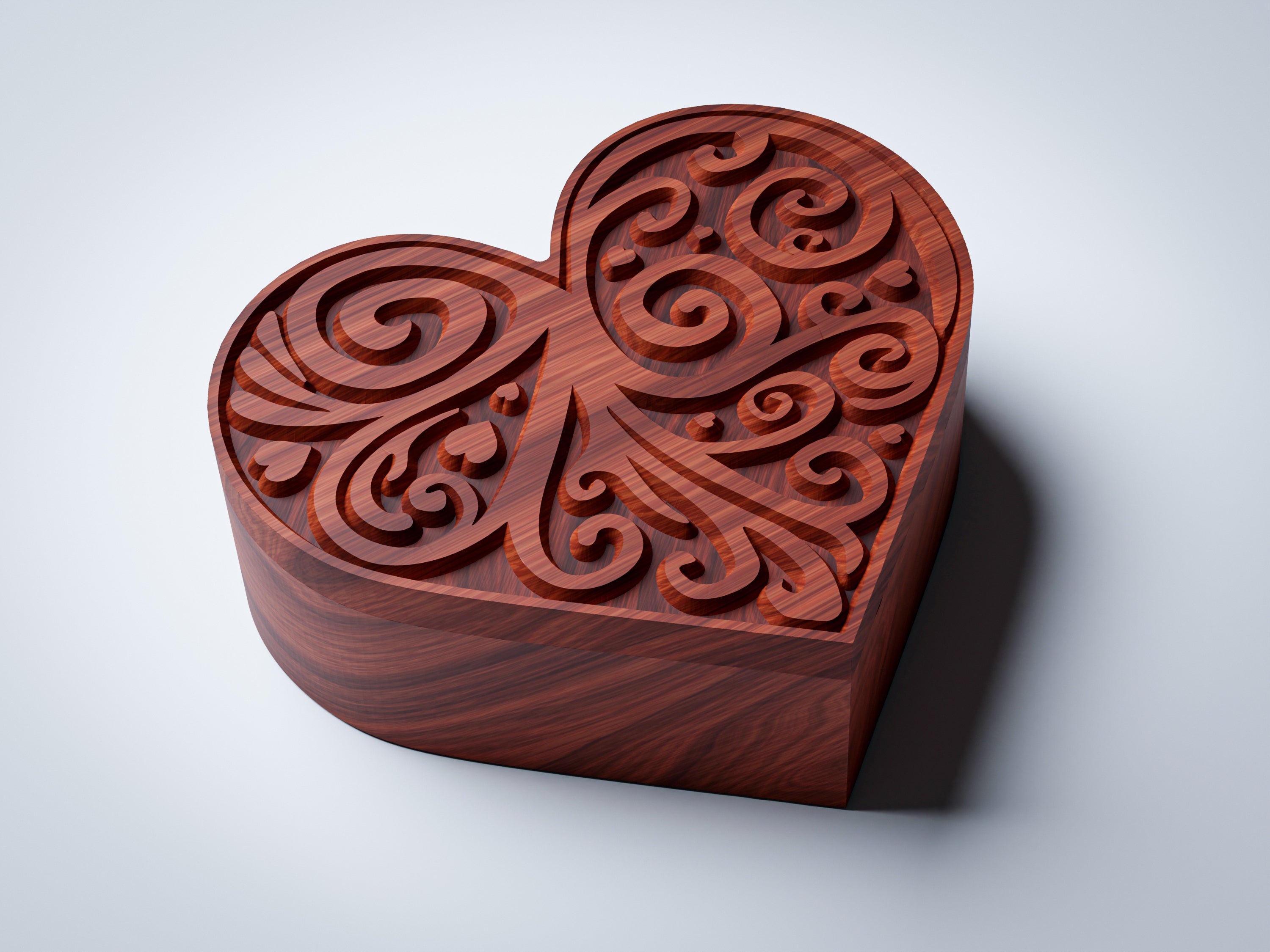 JB3 heart jewelry box CNC files, padouk finish render, closed box top view showing V-carved scrollwork lid