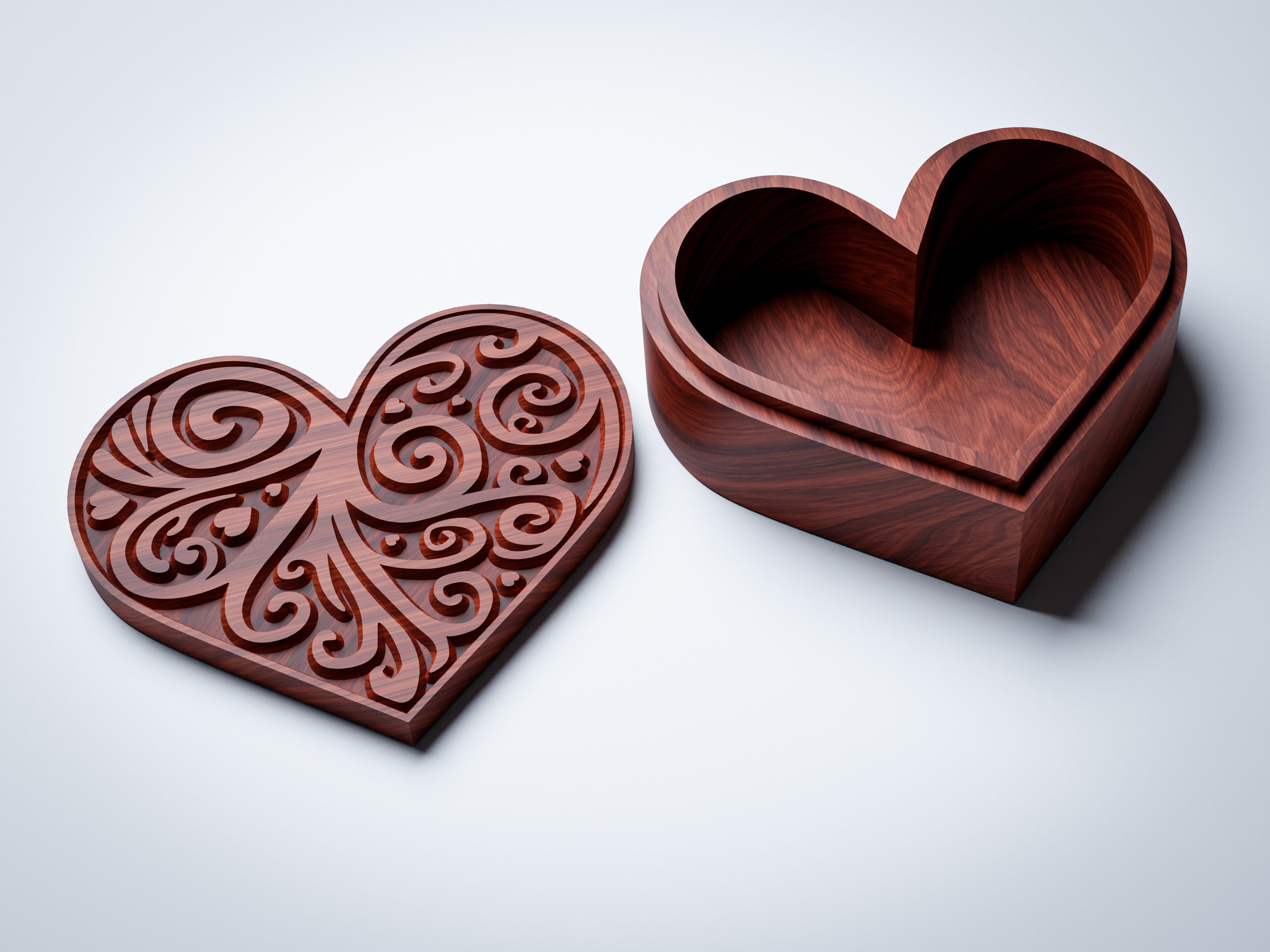 JB3 heart jewelry box STL file, padouk finish render, lid and base separated showing carved lid detail and base joint