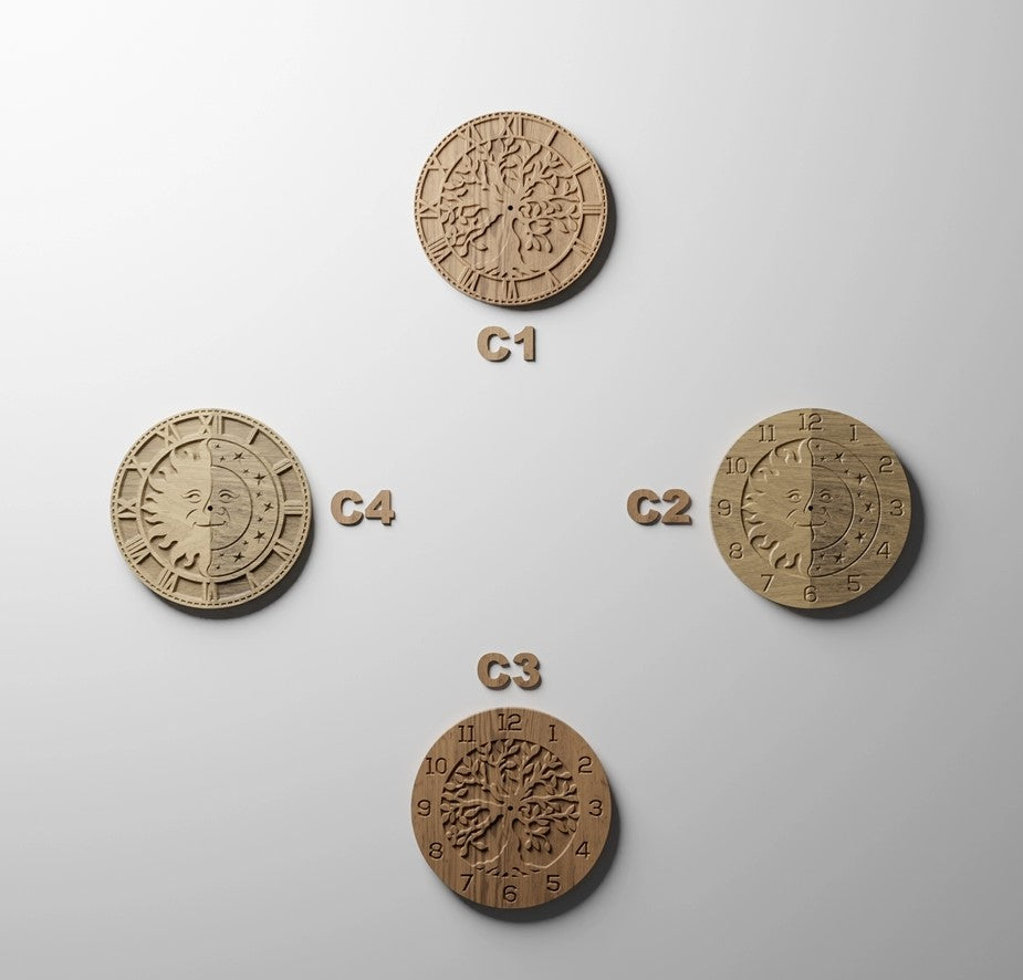 4 clock designs, two by two fusions. Tree of life and Sun and Moon clock faces.