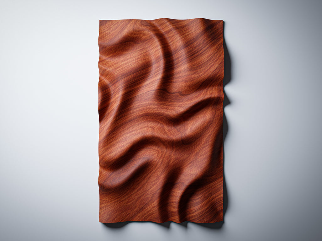 WP9 organic wave panel  vertical orientation render, mahogany finish, showing full wave surface