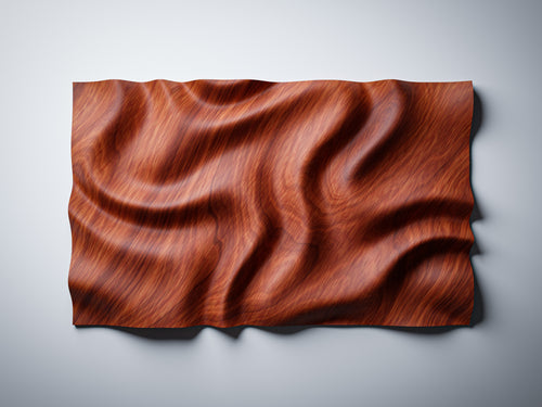WP9 organic wave wall panel, front view render, mahogany finish, showing wave pattern across full surface